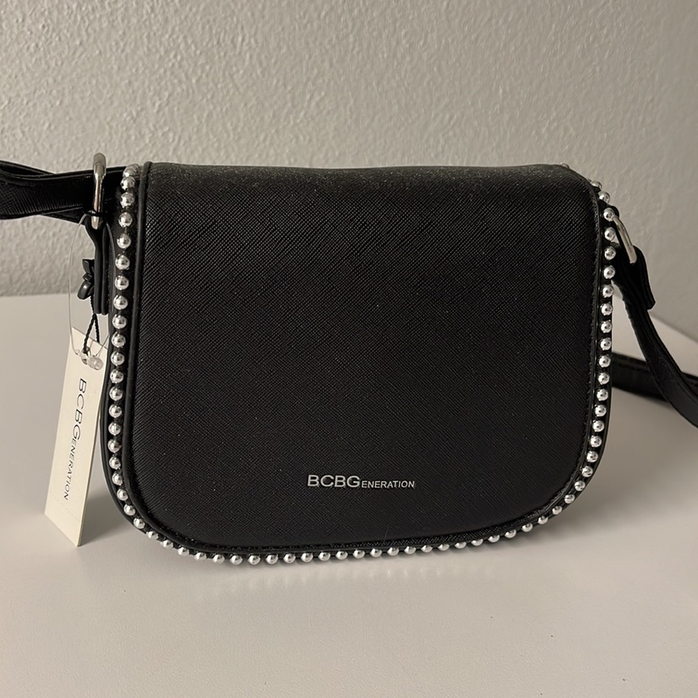 BCBG Hard Case silver studded on Black saffiano Crossbody